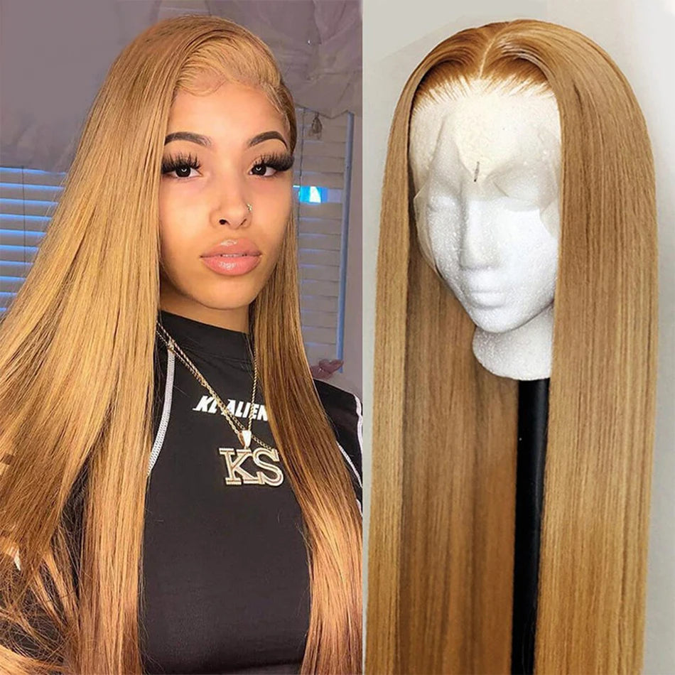 Tuneful 27# Honey Blonde Colored Human Hair Wigs Straight 180% 13x6 HD Transparent Lace Front Human Hair Wigs For Women