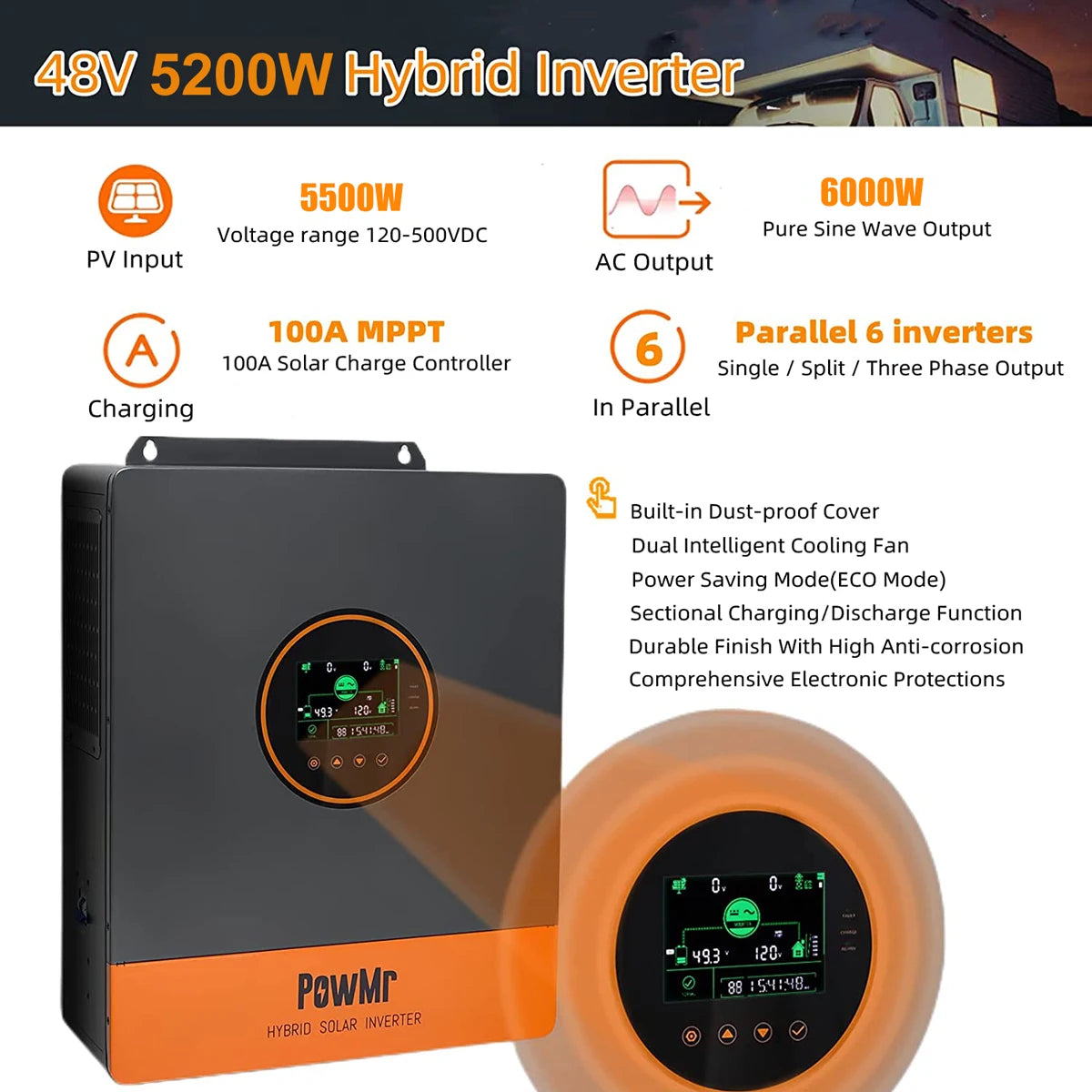 PowMr USA 5.2KW 48V 110Vac Hybrid Solar Inverter Can Split Phase 220Vac Output When Parallel Pure Sine Wave MPPT 100A PV 500Vdc