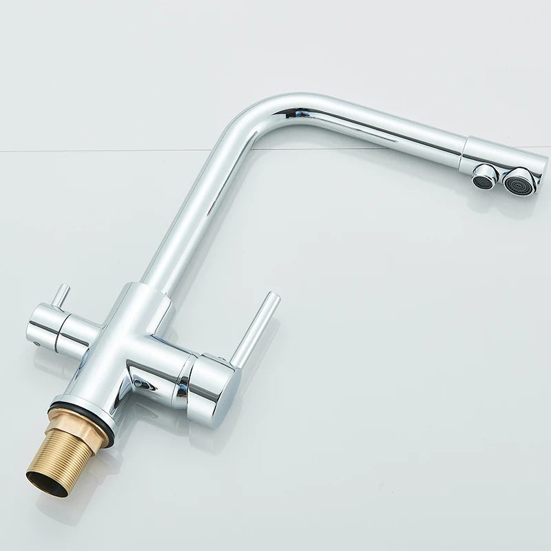 Chrome Kitchen Faucet Dual Swivel Spout Drinking Water Filter Brass Purifier Vessel Sink Mixer Tap Hot and Cold Water Torneira