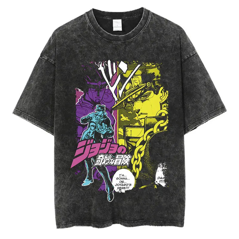 Vintage Washed TShirt Men Summer Hip Hop Streetwear T-shirt JoJo Bizarre Adventure Anime Print Cotton Casual Short Sleeve Tshirt
