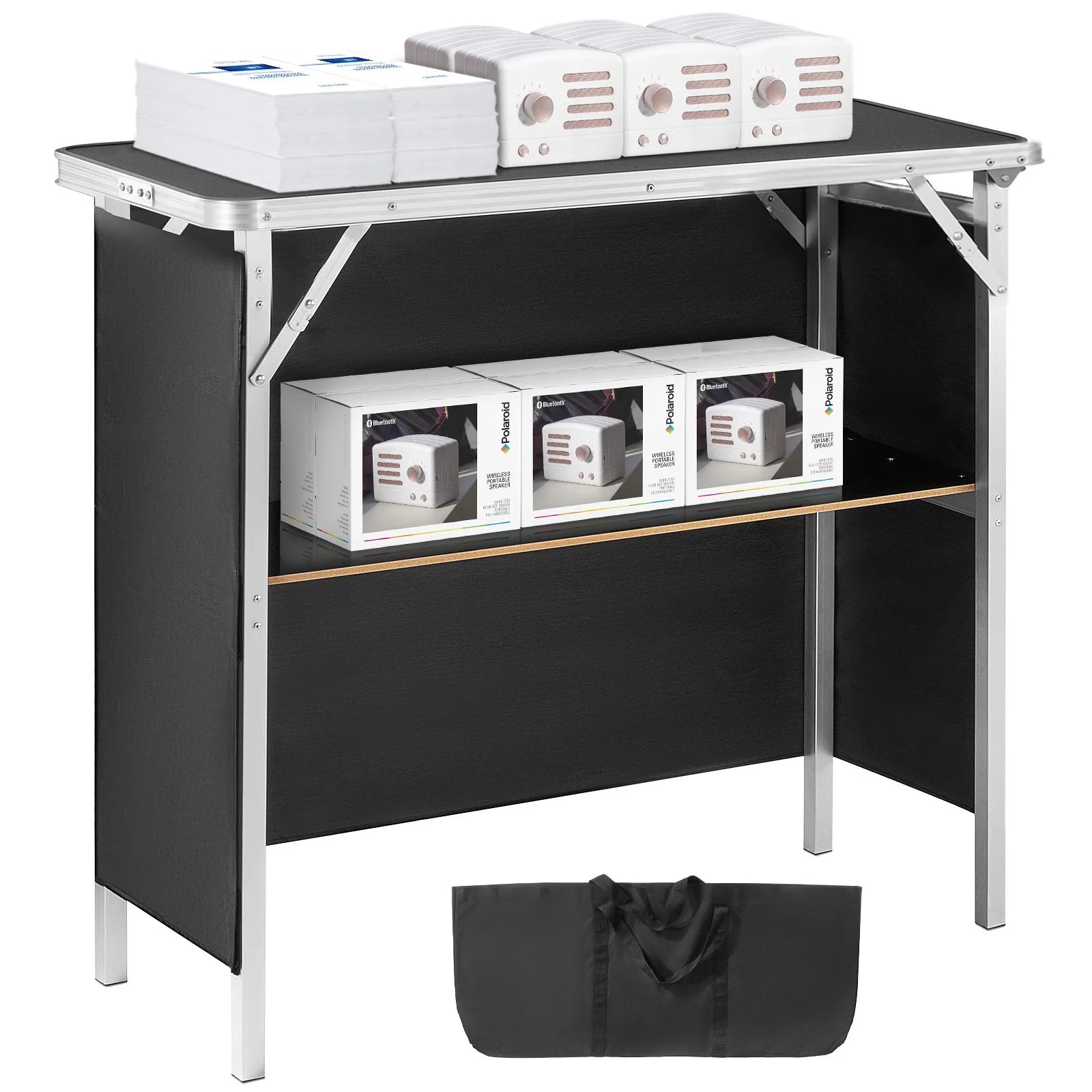 SucceBuy Folding Portable Bar Table Tradeshow Podium Table for Party Picnic Exhibition Include Carrying Case Storage Shelf Skirt