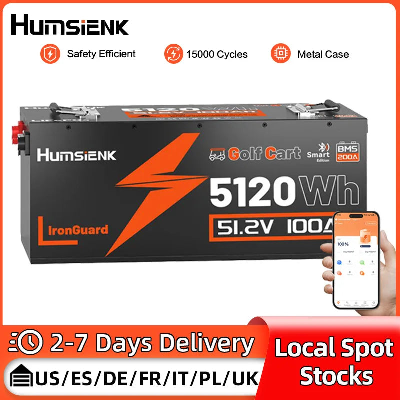HumsiENK LiFePO4 Battery 48V 100Ah Designed For Golf Cart 200A BMS 5120Wh Smart Bluetooth Monitor With 2-Year Warranty/ UL 1973