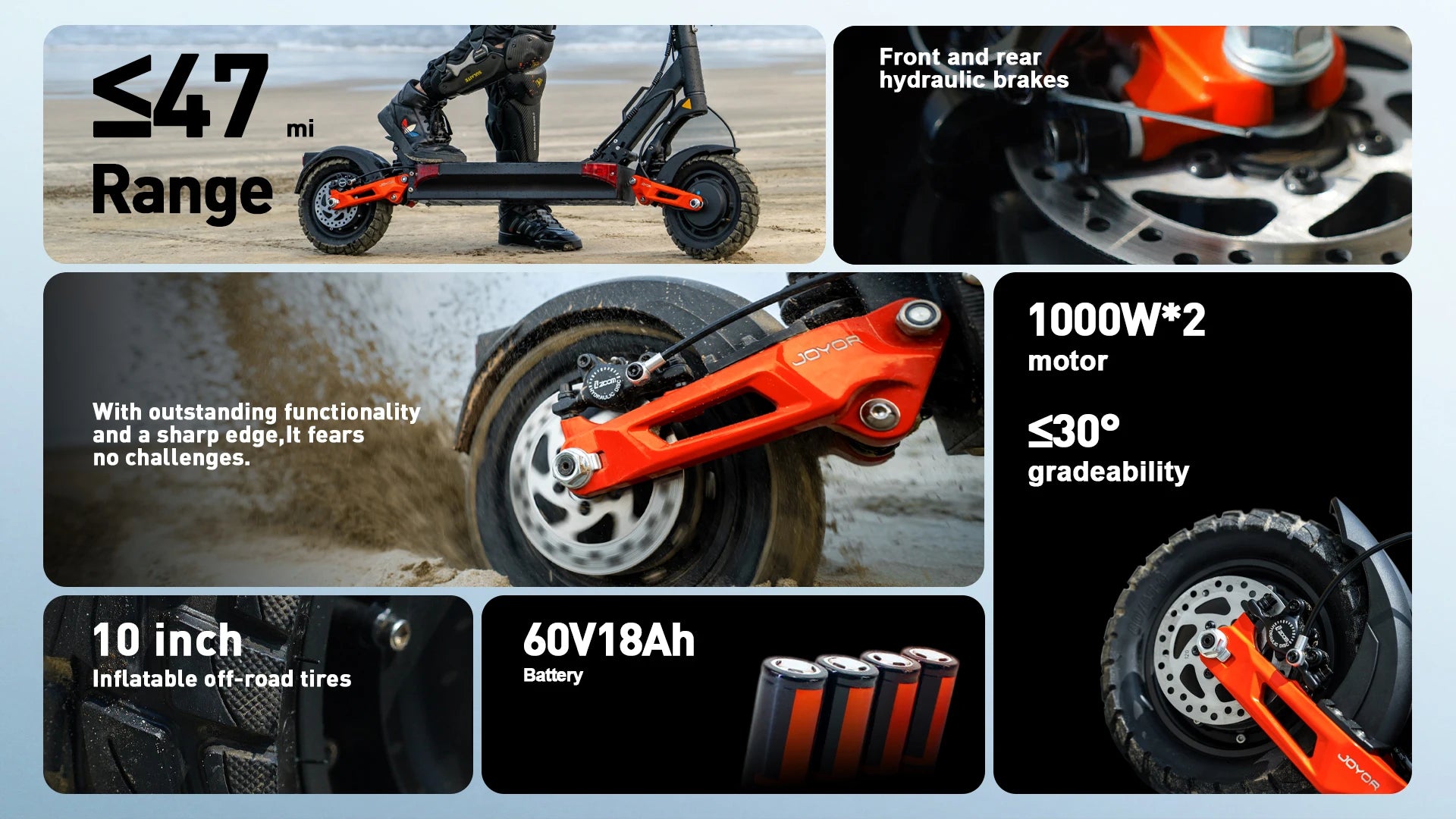 JOYOR T10 Electric Scooters 1000W*2 Dual Motor 60V18AH E Scooter Range 30-75km 10‘’Off-Road Tire Folding Adult Electric Scooter