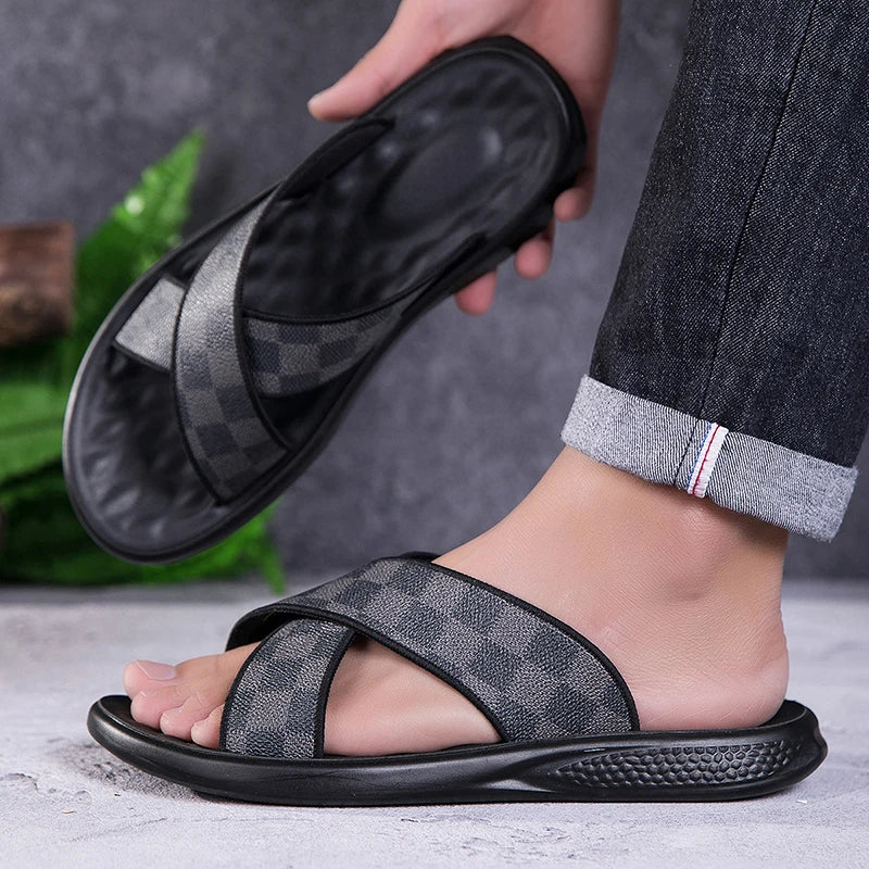 Summer Grid Pattern Slide Sandals for Men, Fashion Casual Breathable Beach Shoes, Versatile Comfy Slippers for Daily Leisure