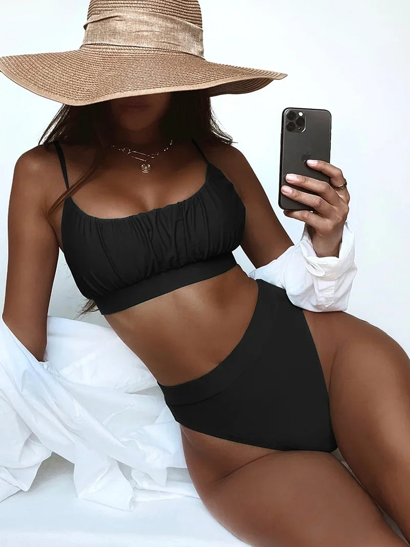 2025 Wrinkled Ruched High Waist Bikini Women Swimsuit Female Swimwear Two Pieces Bikini Set High Cut Bathing Suit Swim Beachwear