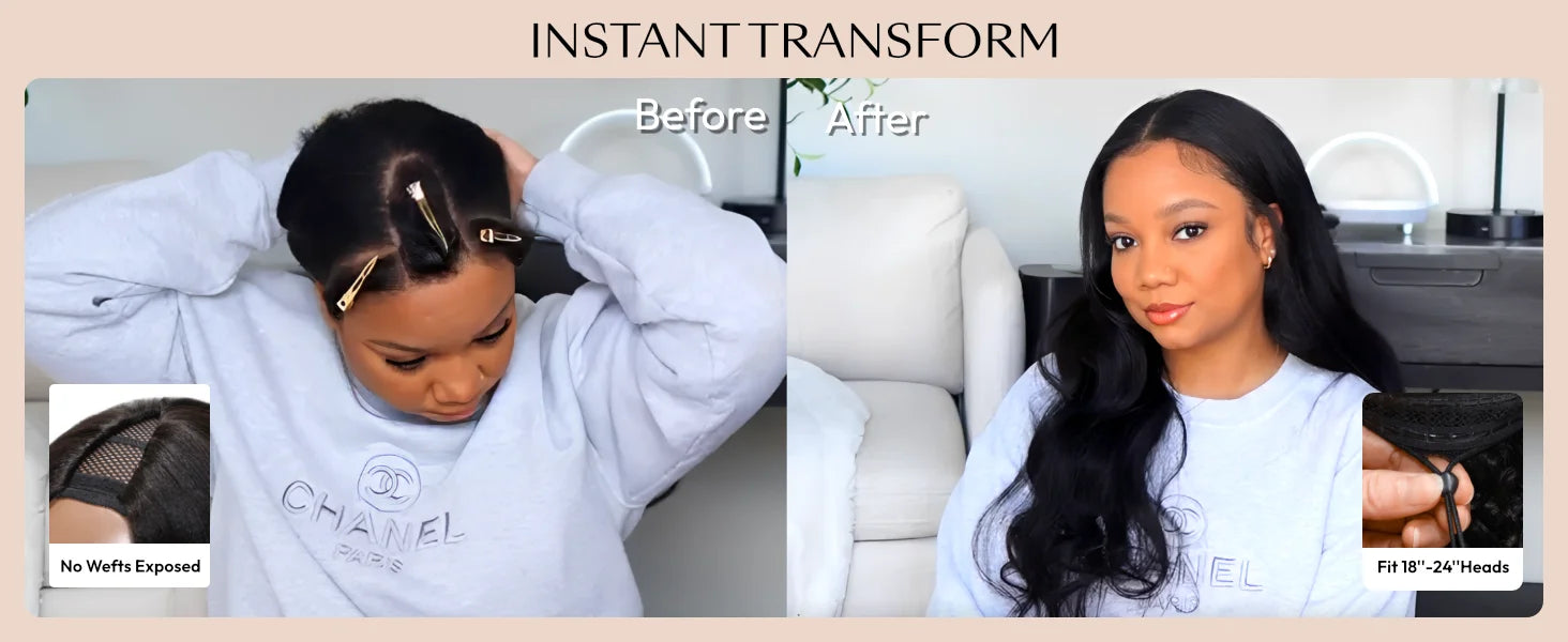 UNice Body Wave V Part Wig With Drawstring Natural Color 100% Human Hair Wigs Clip In V-Part Wig Mini Leave Out 180% Density