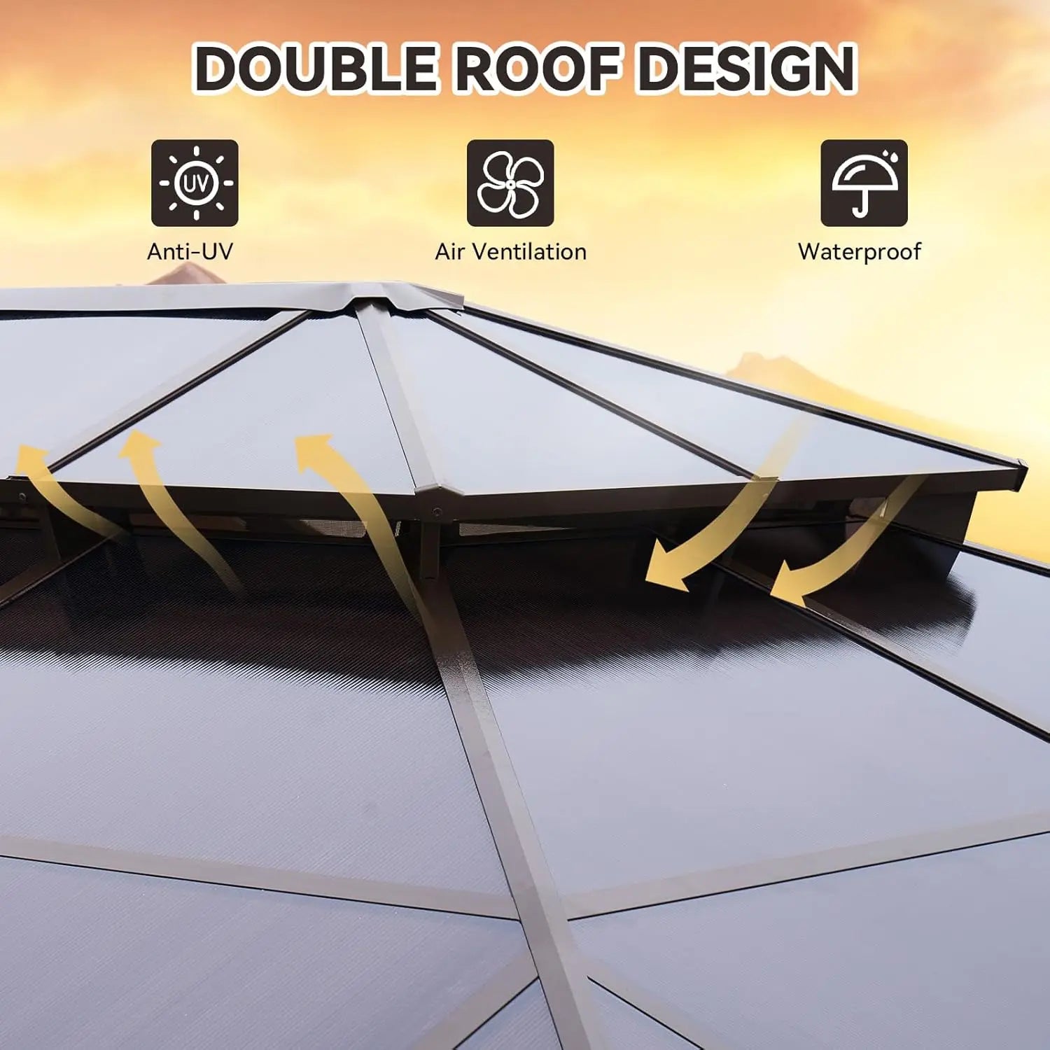 12'x16' Hardtop Gazebo, Outdoor Metal Gazebo with Double Polycarbonate Roof Canopy, Permanent Pavilion with Netting, Customized