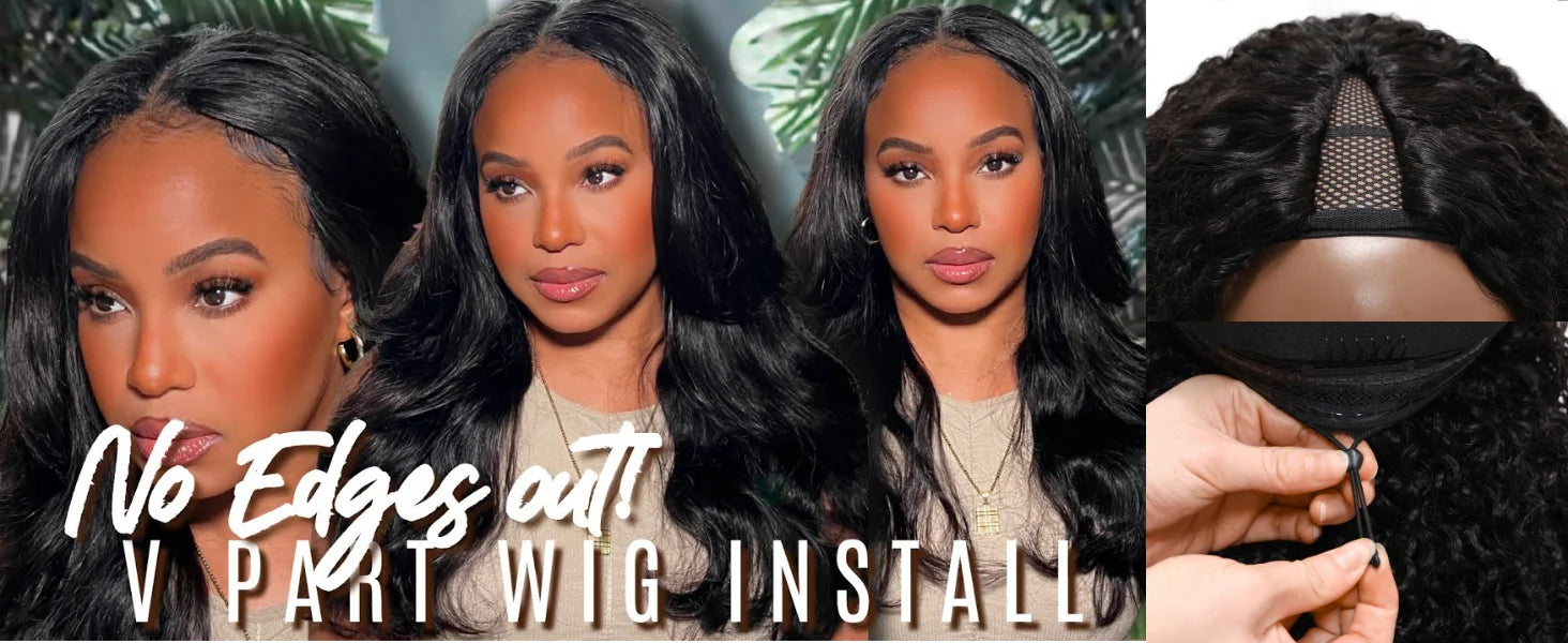 UNice Body Wave V Part Wig With Drawstring Natural Color 100% Human Hair Wigs Clip In V-Part Wig Mini Leave Out 180% Density