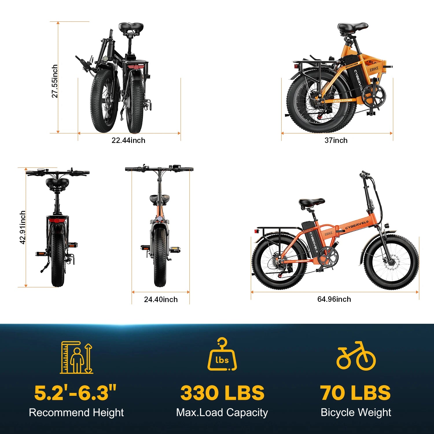 1000W Electric Bike for Adults Cybervelo EK4 Folding 48V 20Ah 30+MPH 80Miles 20" Fat Tire 7-Speed Off Road E-bike