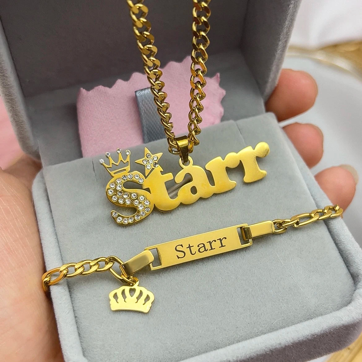 Customised Nameplate Suit Custom Baby Name Necklace Zircon Stainless Steel Cuban Chian BIG Crown Star Charm Bracelet for Kids
