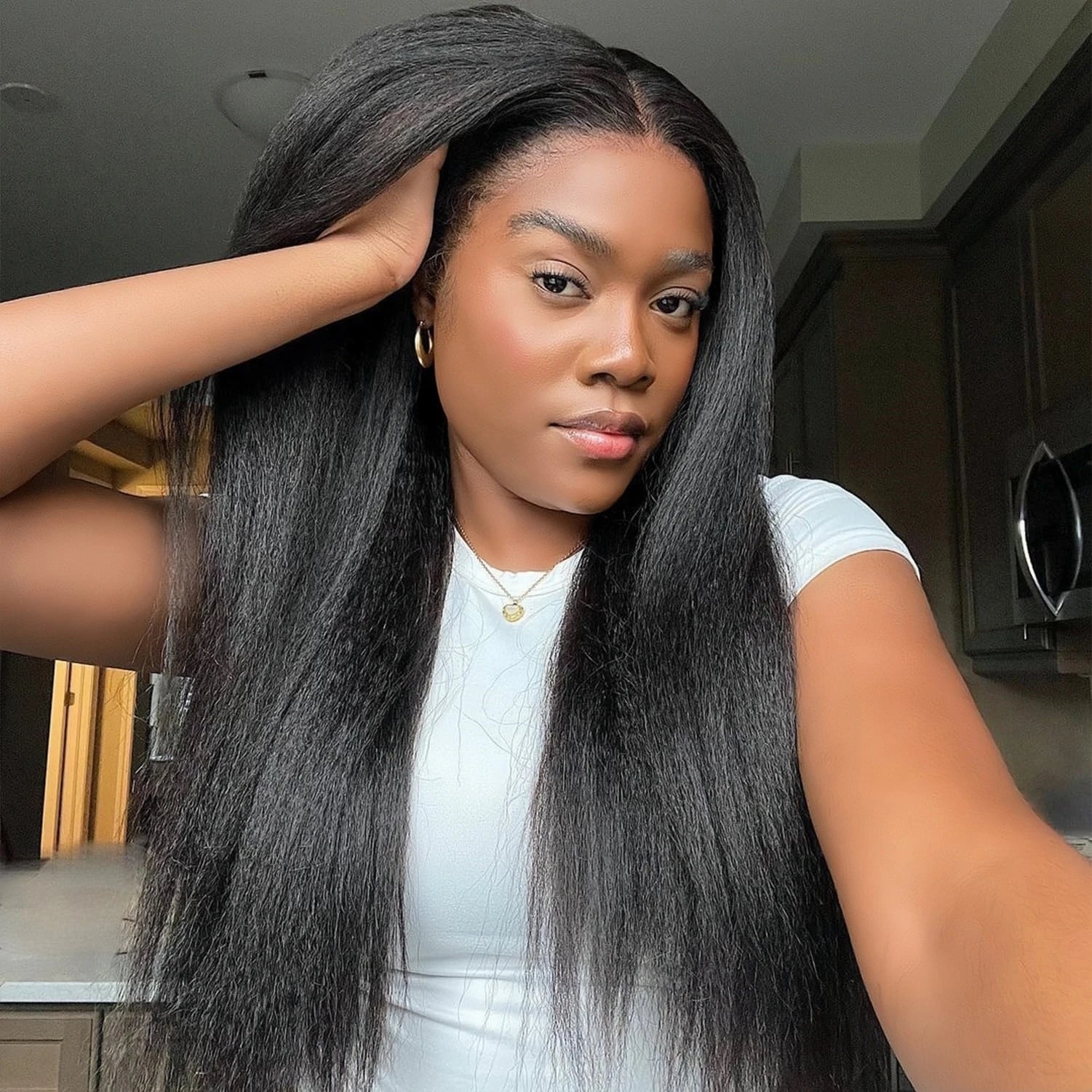 Kinky Straight Glueless Wigs Adjustable Drawstring 3 IN 1 Half Wigs Human Hair 250% Snug Fit No Leave Out Clip-in Yaki Wave Wigs
