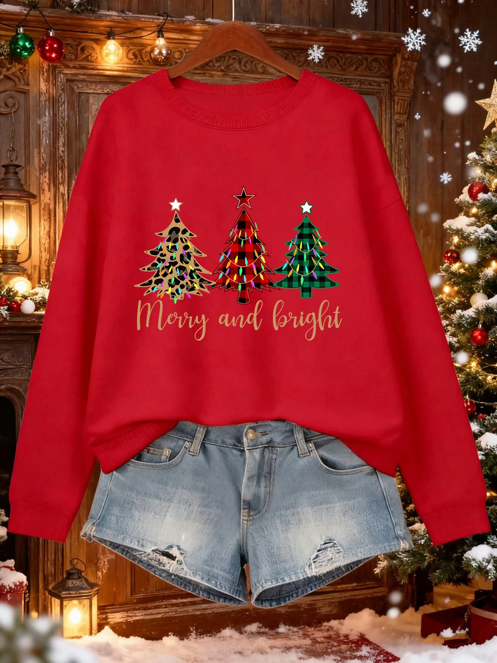 Merry Christma Funny Trees Printing Sweatshirt Women Loose Basics Hoodies Fleece Crewneck Clothes Winter Warm Woman Pullover