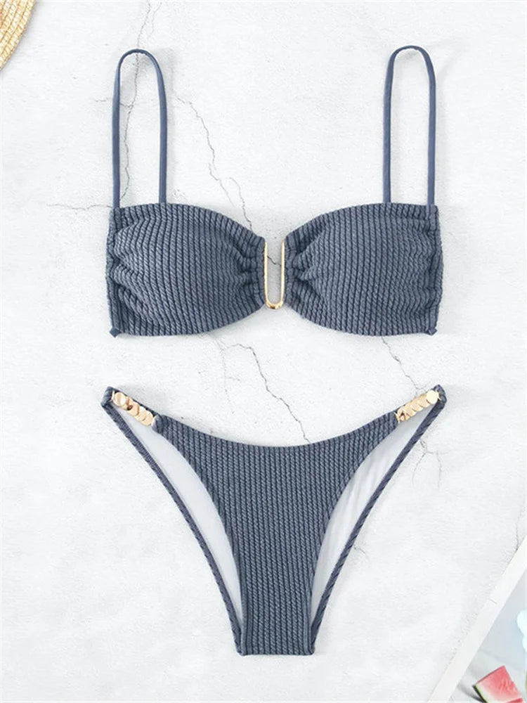 Sexy U Neck Bikini Set Women Solid White Black Push Up Pleate Micro Swimsuit 2024 Brazilian Cut Out Bathing Suit Thong Swimwear