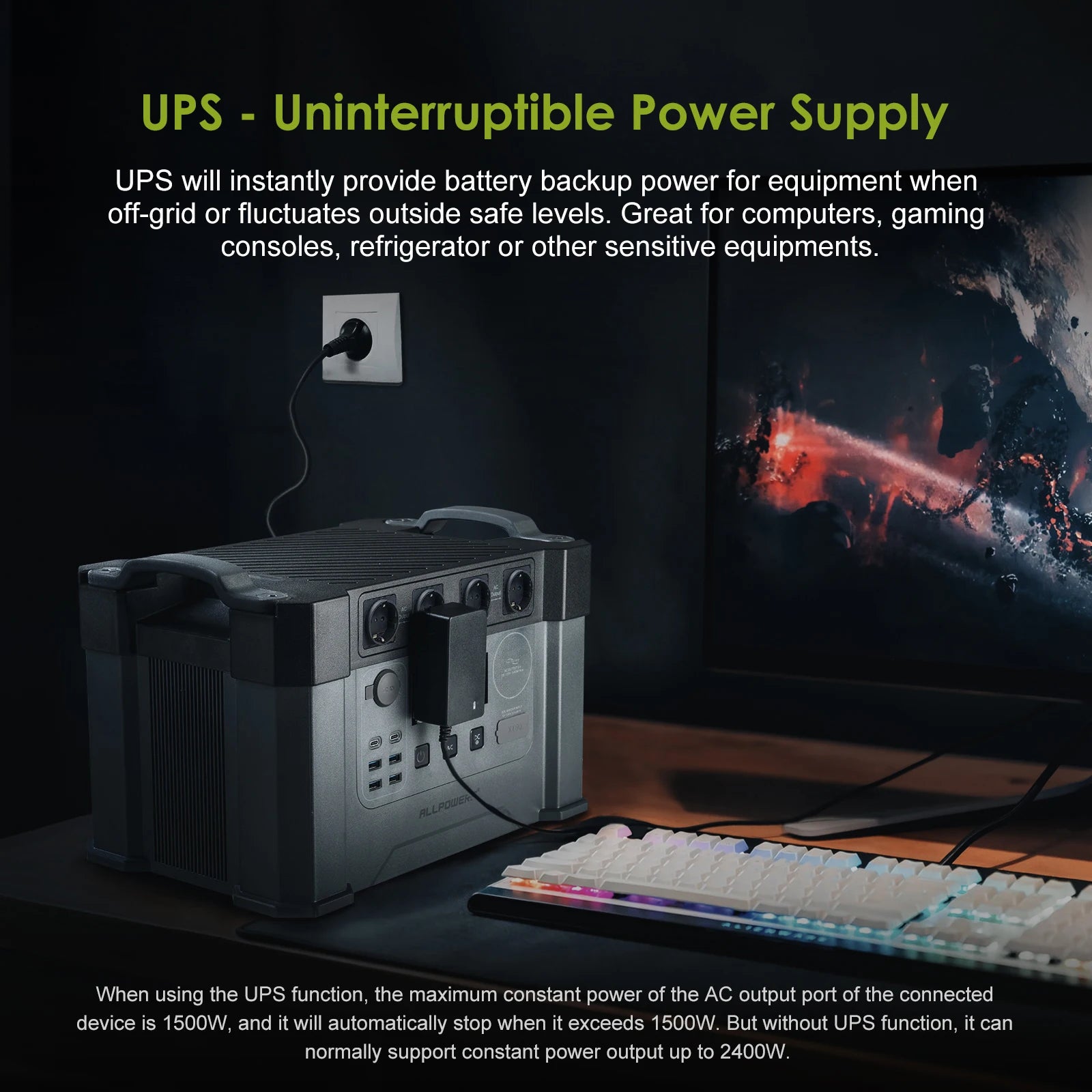 ALLPOWERS Powerstation 2400W Mobile Energy Storage Power Supply With 18V Solarpanel, 4x2400W AC Outlet,30A RV Plug,UPS Function
