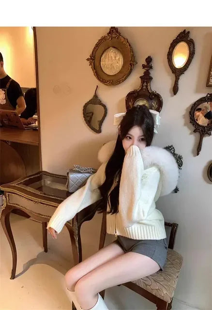 Winter Women Old Money Girl Long Sleeve Full Zip Cardigan Sweater Cuddly Hoodies Knitwear 2000s Aesthetic Korean Fashion Sweater