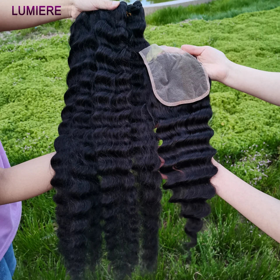 40" Loose Deep Wave Human Hair Bundle With Closure Frontal HD Transparent Lace Closure With Bundle Human Hair Weave Bundles Deal