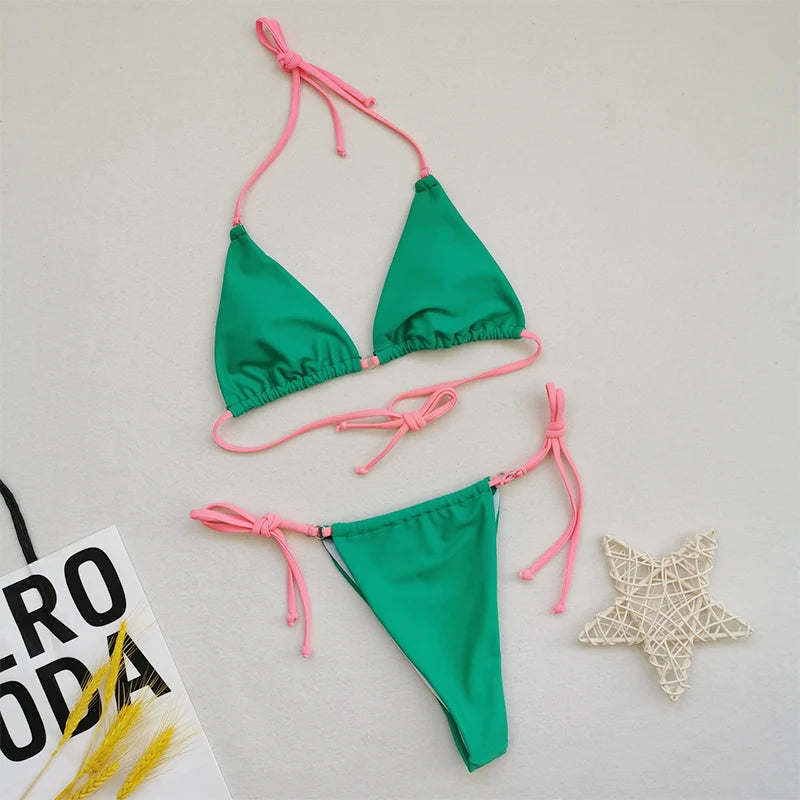 Brazilian Sexy Micro Mini Thong Bikini Set String Bandage Swimwear Women Beachwear Backless Swimsuit Triangle Push Up Biqiuni