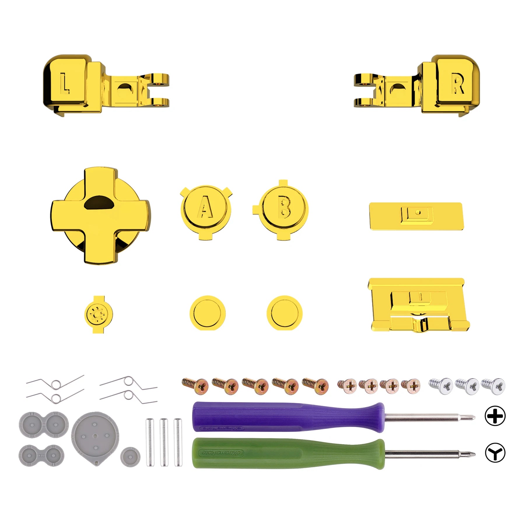eXtremeRate Chrome Gold & Chrome Silver Full Set Buttons, A B L R Button Power On Off Volume Button D-pad Key for GBA SP Console