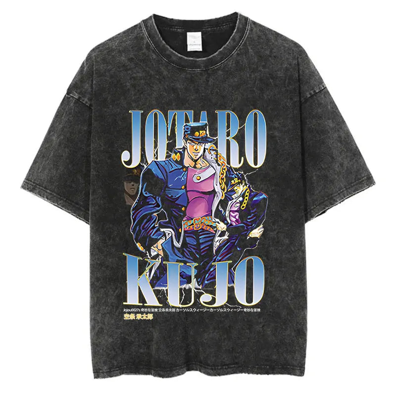 Vintage Washed TShirt Men Summer Hip Hop Streetwear T-shirt JoJo Bizarre Adventure Anime Print Cotton Casual Short Sleeve Tshirt