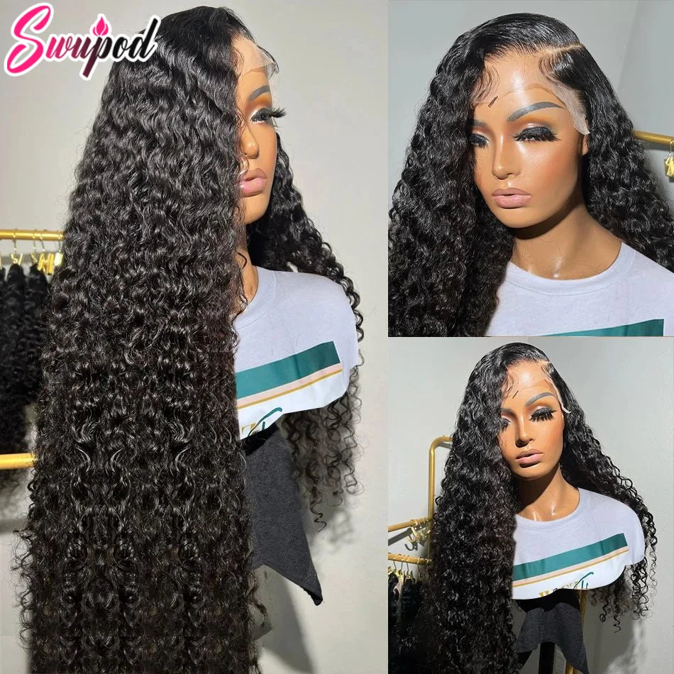 Swupod 200 Density 13x4 13x6 HD Transparent Swiss Deep Wave Lace Frontal Front Wig for Women Remy Human Hair Natural Black