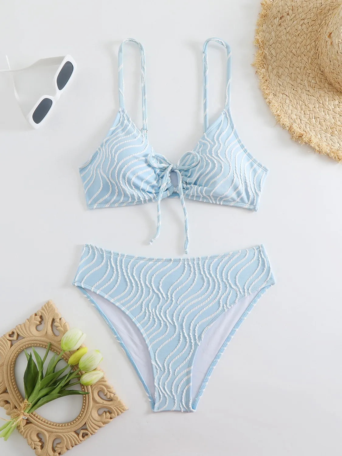 2026 New Women's Bikini Set Stripe Print 2 Pice Swimsuit Drawstring Lace-up V Neck Suspender Backless Beach Vacation Swimwear