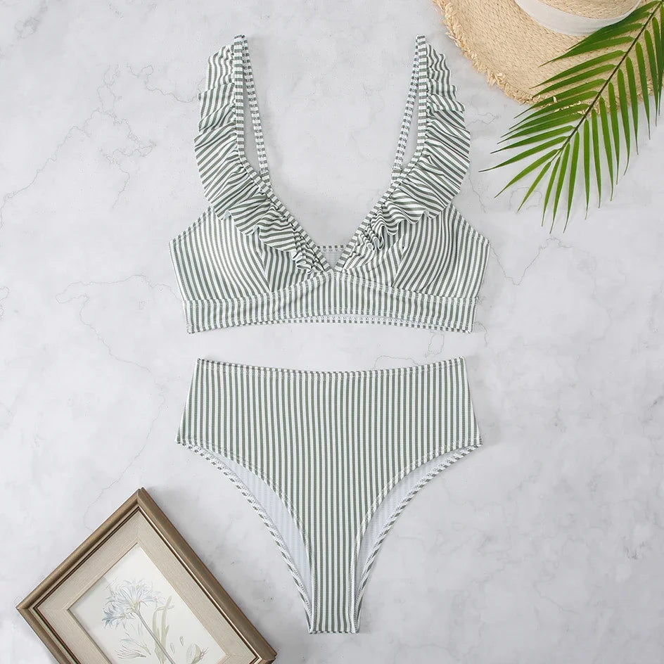 Sexy Striped Ruffle Bikini Swimsuit Women 2025 Two-piece Swimwear High Waisted Bikinis Sets Female Bathing Suit Push Up Monokini