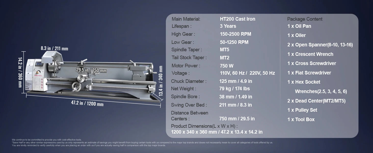 SucceBuy 750W Metal Lathe Machine Brushless 8.3"x29.5" / 210mm*736mm 50-2500RPM Continuously Variable, DIY Metal Working Turning