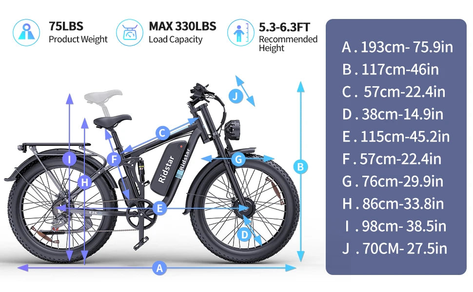 Ridstar Electric Bike 2000W 48V 23AH 26 Inch Fat Tire Adult Ebike Dual Motor Hydraulic Brakes Full Suspension MTB Electric Bike