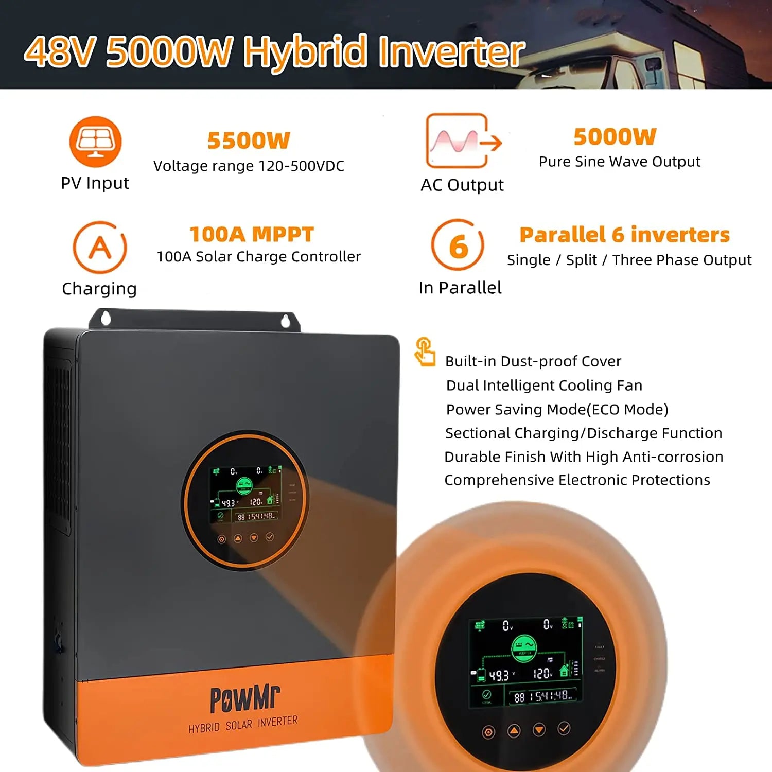 PowMr 5KW Split Phase Inverter 48V 110V Off Grid Pure Sine Hybrid Solar Inverter with MPPT 100A Battery Charger Parallel Up to 6