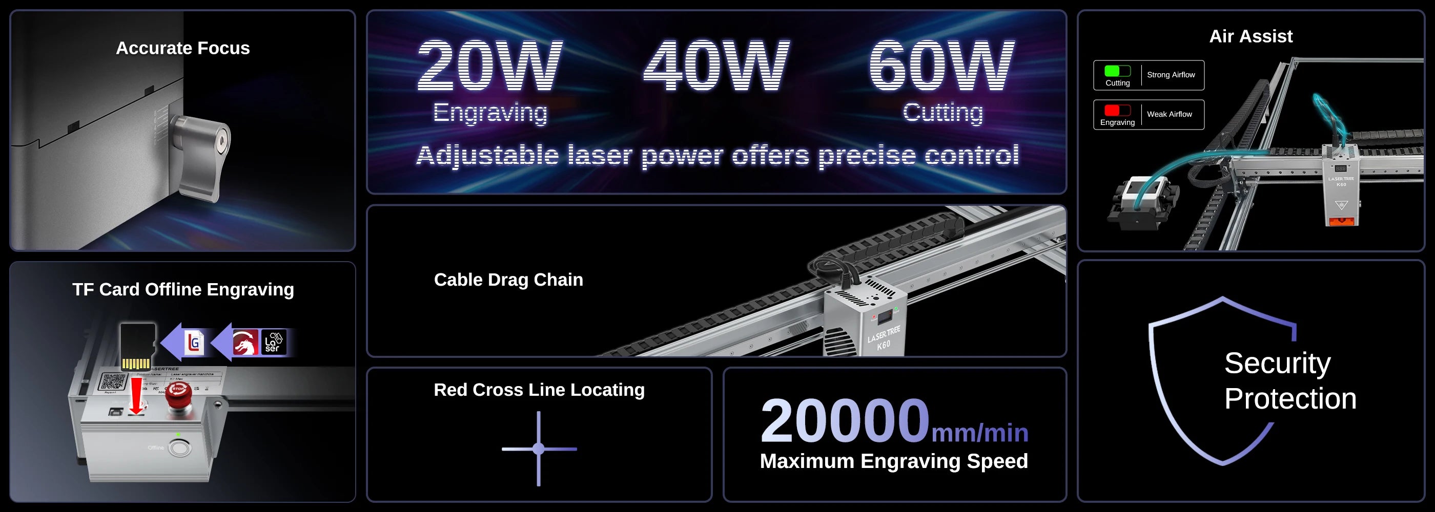 LASER TREE Laser Engraving Machine with Air Assit 60W Laser Module Laser Engraver Cutter Woodworking Area 1000x1500mm DIY Tools