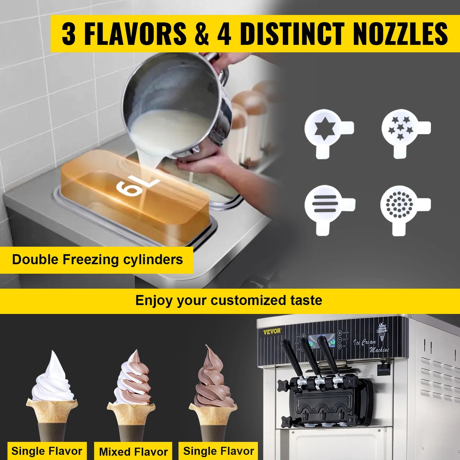 VEVOR Commercial Soft Serve Ice Cream Machine 2200W 20-28L/H - Dual 6L Hoppers for 2 Flavors, Dessert Shops & Bubble Tea Stores