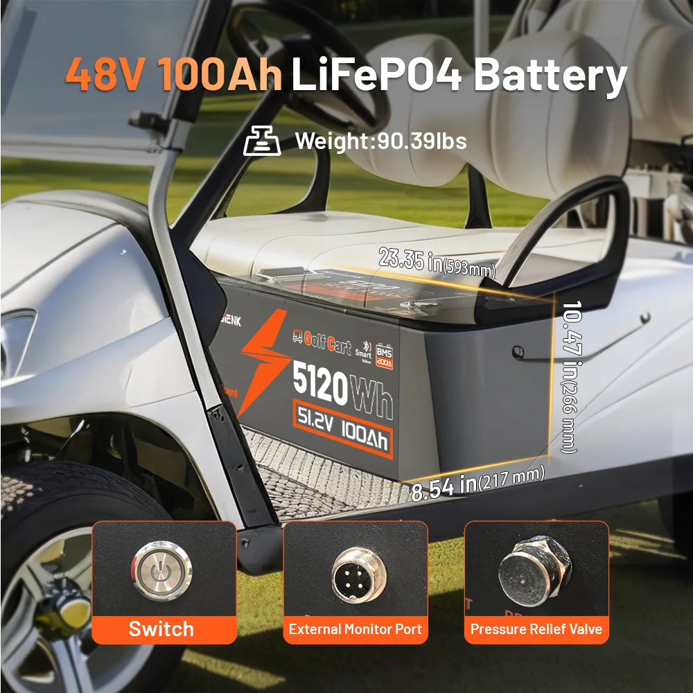 HumsiENK LiFePO4 Battery 48V 100Ah Designed For Golf Cart 200A BMS 5120Wh Smart Bluetooth Monitor With 2-Year Warranty/ UL 1973