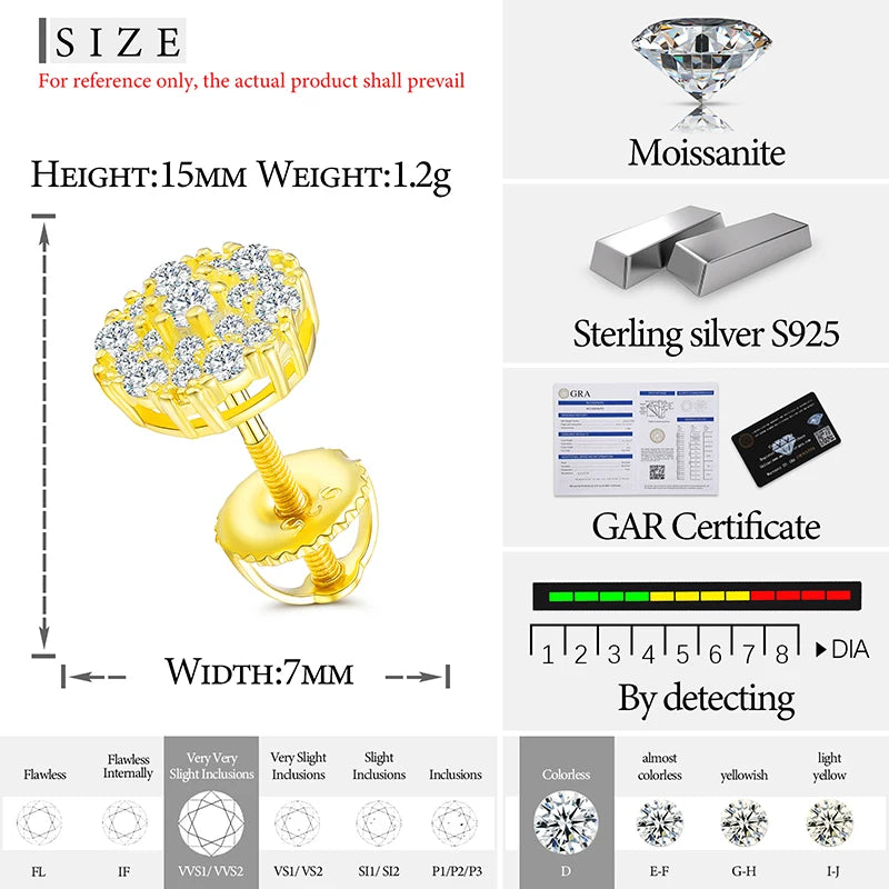Unisex Fine Jewelry Moissanite Earrings For Women 925 Stud Earrings Moissanite D Color VVS Stud Round Flower Jewelry