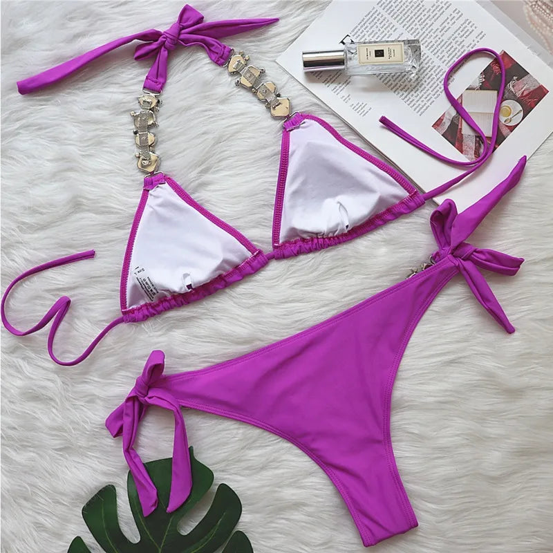 Red Rhinestones Sexy Bikinis 2026 Women Swimwear Female Swimsuit Swim Wear Bathing Suits Brazilian Bikini Set Beach Pool Bather
