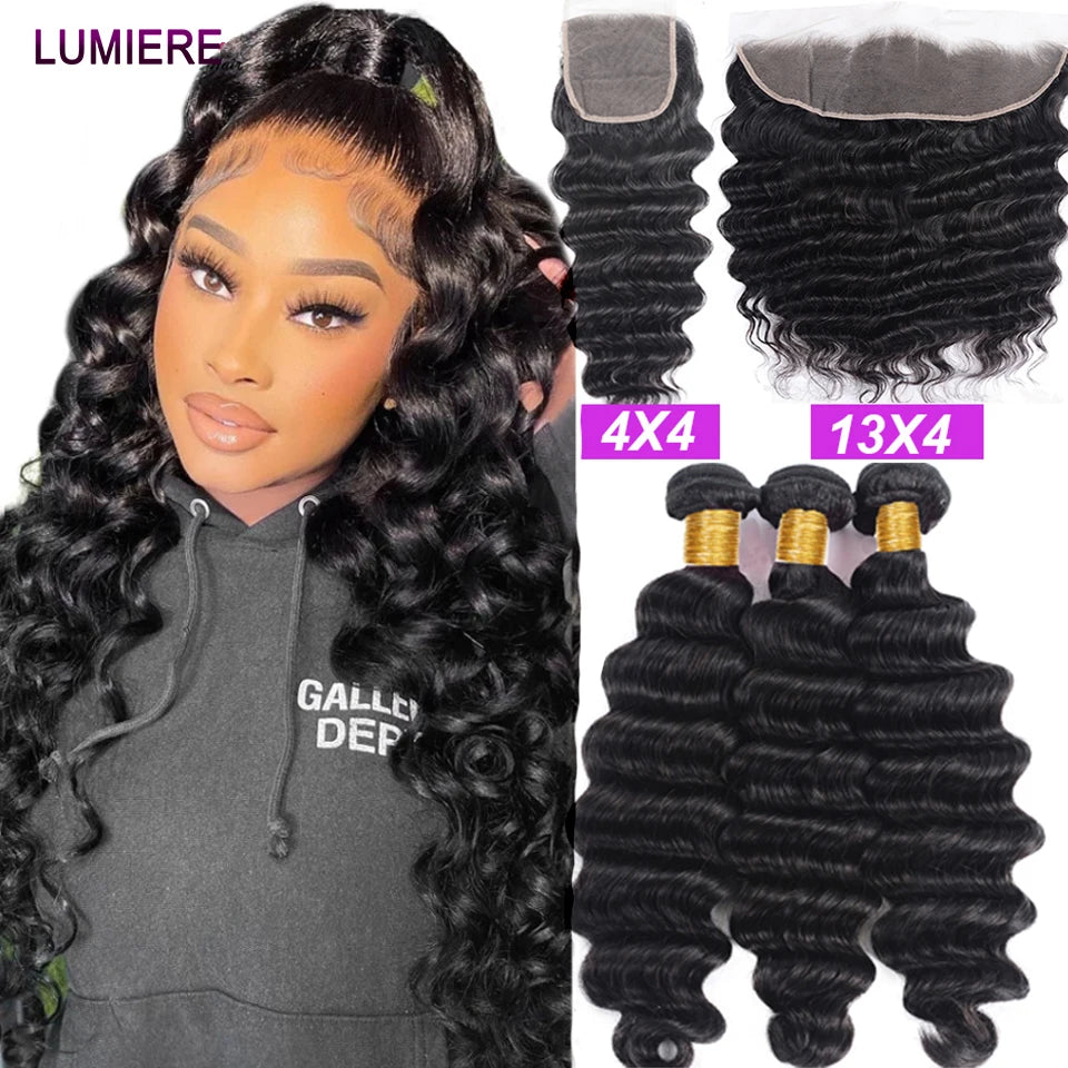 40" Loose Deep Wave Human Hair Bundle With Closure Frontal HD Transparent Lace Closure With Bundle Human Hair Weave Bundles Deal