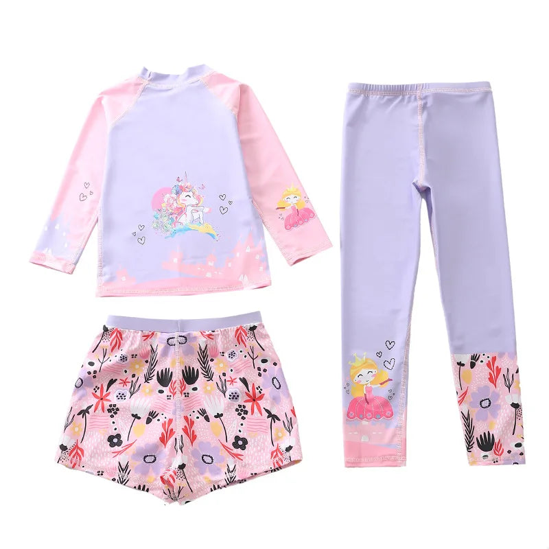Kids Swimsuit for Girls Unicorn Long Sleeve Children's Swimwear + Surf Pants + Swimming Trunks Rash Guard Bathing Suit Child