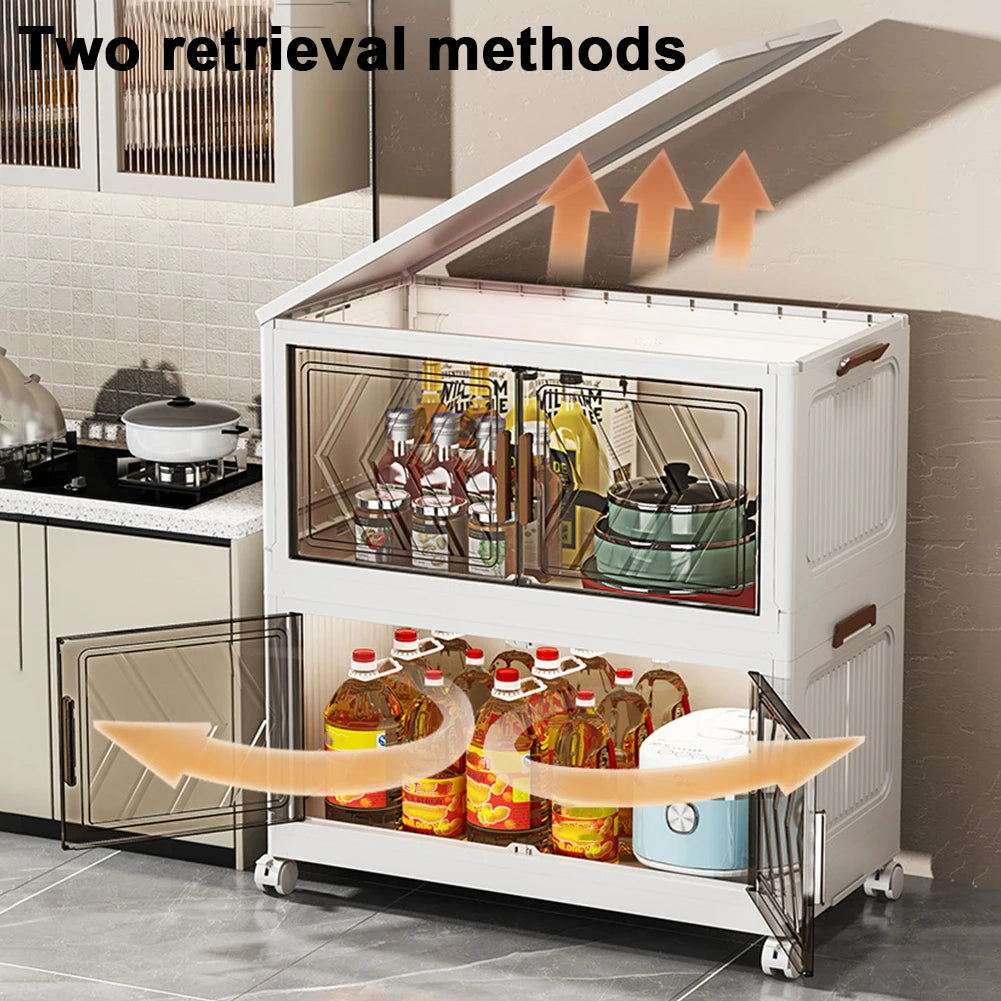 4 Tier Folding Storage Boxes with Doors & Wheels Plastic Storage Containers Foldable Organization for Living Room Bedroom Office