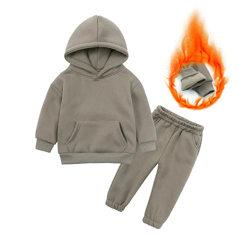 Children Fleece Winter Outfit Toddler Cotton Solid Hoodies Pullover Sweatshirt Pants Tracksuit Set Kids Boy Girl Warm Sweatsuits