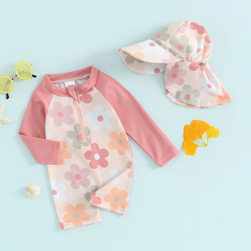 Lioraitiin Newborn Baby Girls Swimwear Infant Swimsuit Rash Guard Bathing Suit Toddler Beach Long Sleeve Zip Up Summer