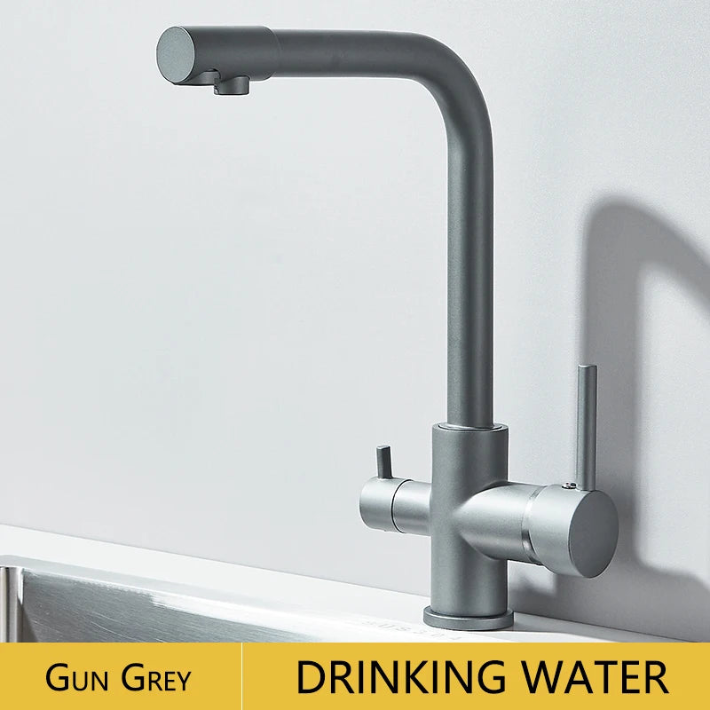 Chrome Kitchen Faucet Dual Swivel Spout Drinking Water Filter Brass Purifier Vessel Sink Mixer Tap Hot and Cold Water Torneira