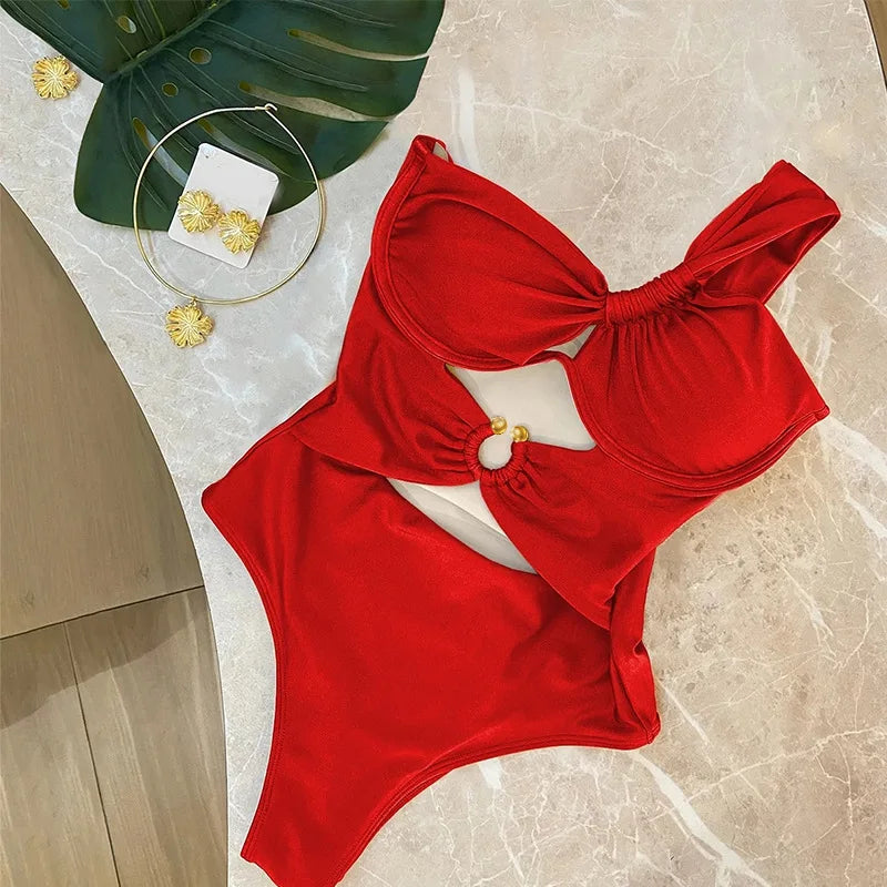 European and American One-shoulder Twisted Swimsuit One-piece Bikini Steel Support Gathered Hollow Metal Buckle Solid Color