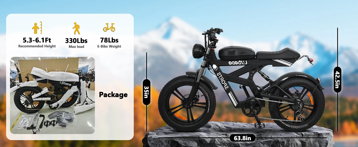 Electric Bike for Adults,1500W Peak,35MPH,48V 816Wh Battery,MAX 75Miles Electric Motorcycle,20'' Fat Tire Dirt Bike,7-Speed Bike