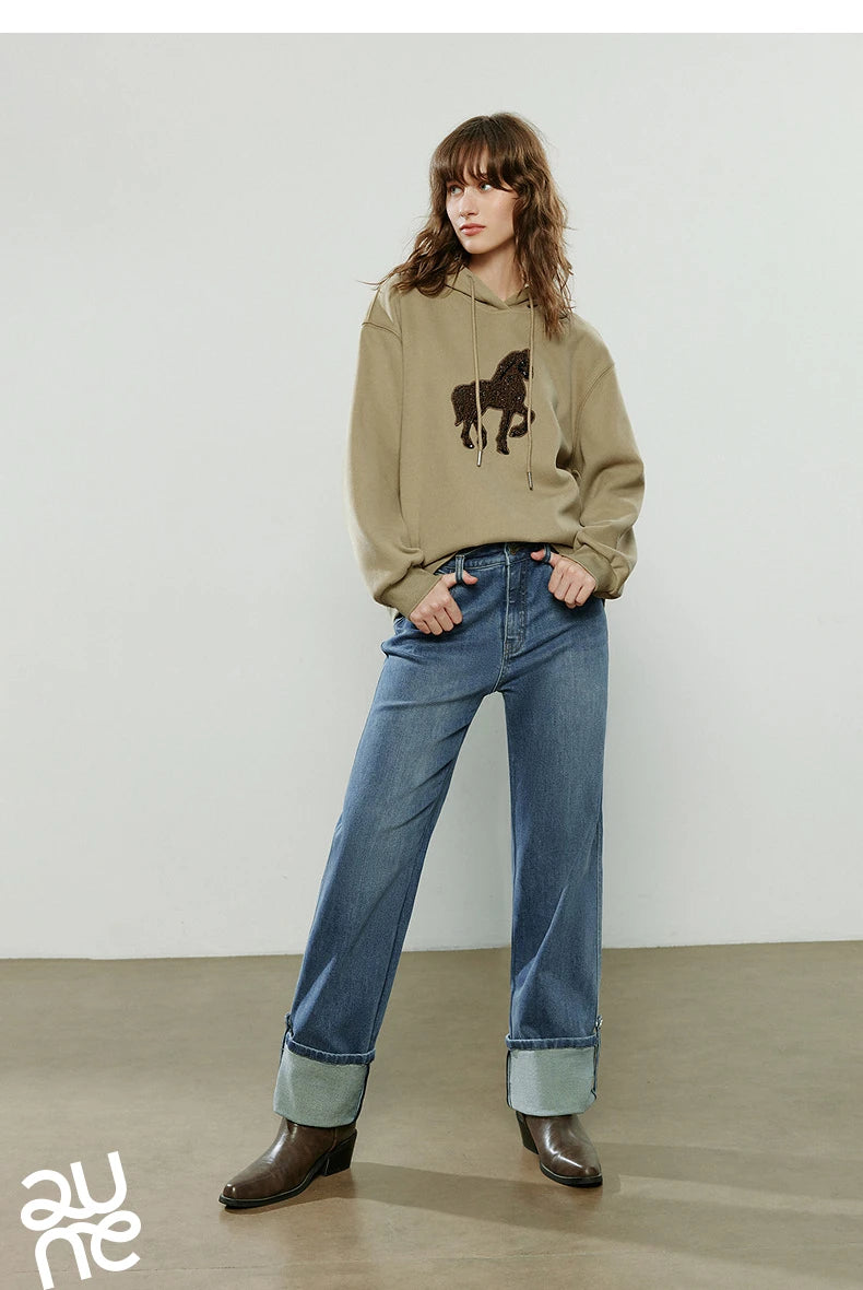 TOYOUTH Women Hoodies 2025 Winter New Loose Crew-neck Warm Applique Embroidery Tops