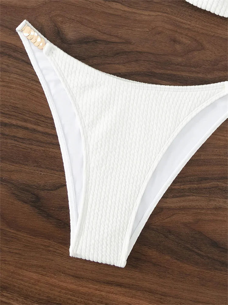 Sexy U Neck Bikini Set Women Solid White Black Push Up Pleate Micro Swimsuit 2024 Brazilian Cut Out Bathing Suit Thong Swimwear