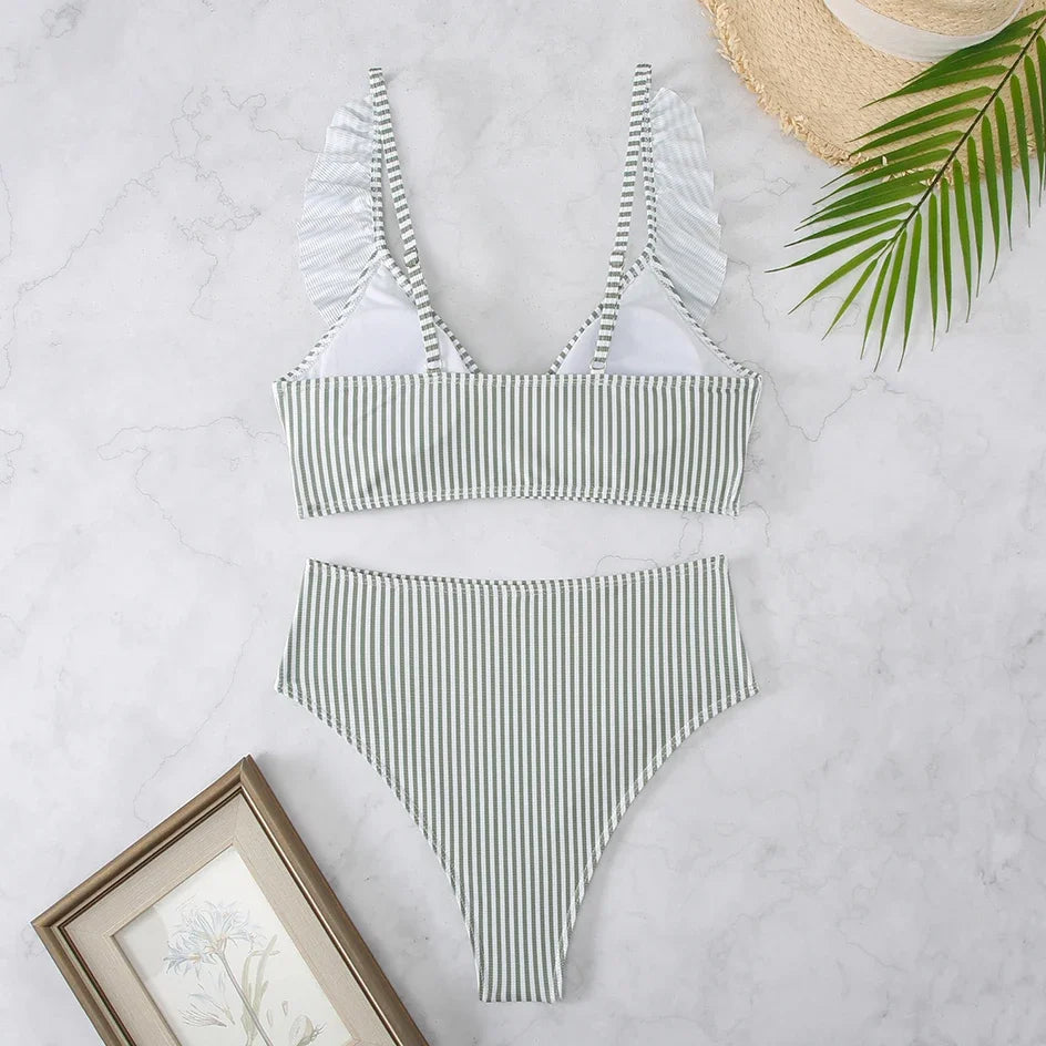 Sexy Striped Ruffle Bikini Swimsuit Women 2025 Two-piece Swimwear High Waisted Bikinis Sets Female Bathing Suit Push Up Monokini