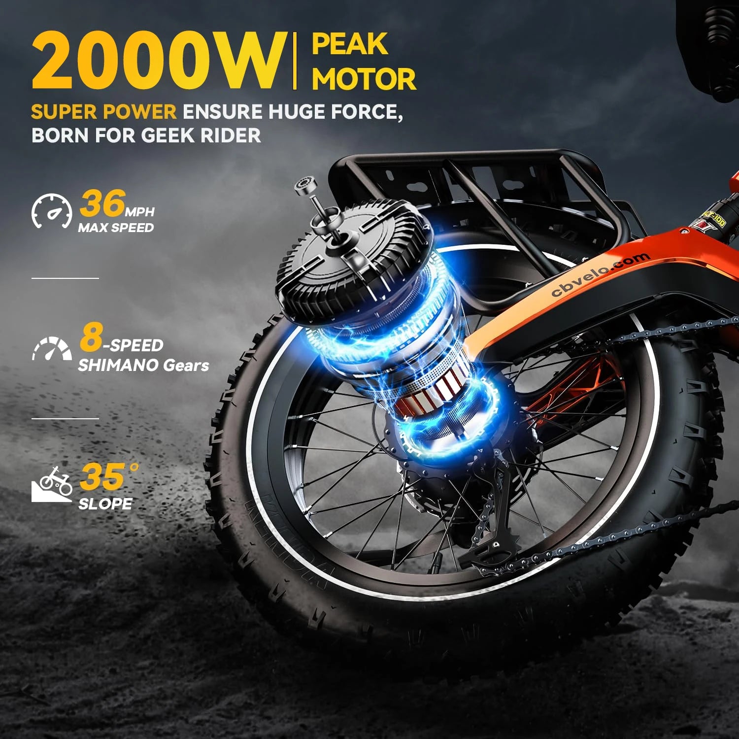 Cybervelo 20” Fat Tire 2000W Peak Motor Luxury Foldable ebike,48V Removable Battery E Bicycle, 35+ MPH 100+Miles Long Range EK6