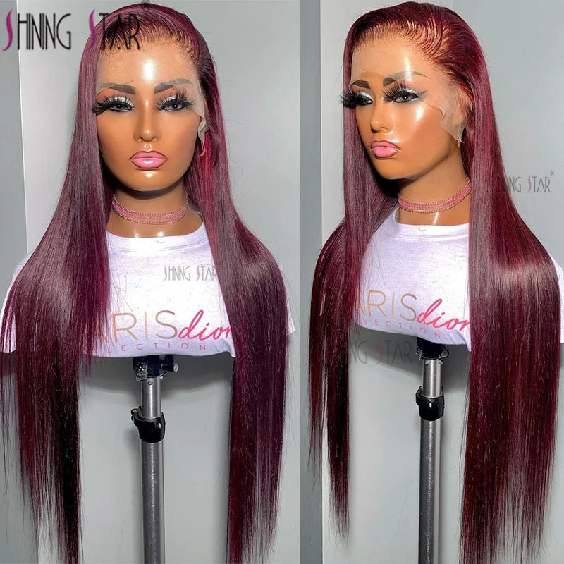 Burgundy Red Bone Straight Lace Front Human Hair Wigs Pre Plucked Colored 99J Red 13x6 Transparent Lace Frontal Wig Human Hair