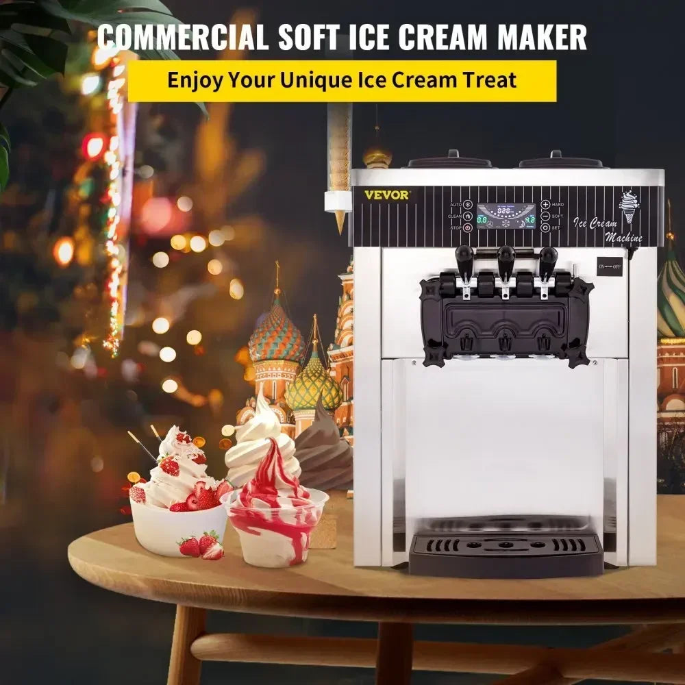 VEVOR Commercial Ice Cream Machine 5.3 to 7.4Gal per Hour Soft Serve with LED Display Auto Clean 3 Flavors for Restaurant