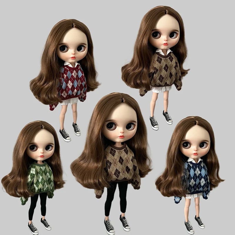 DLBell Blyth Doll Clothes Cute Sweater Diamond check Hoodies Shirts Shorts for Blyth OB24 Pullip Licca 1/6 Dolls Outfits