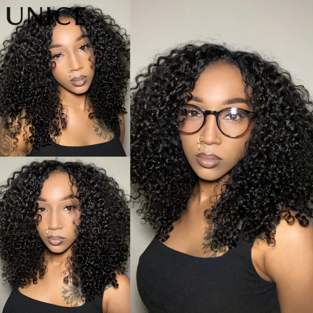 UNice Burmese Curly V Part Wig With Drawstring Clip-In Human Hair Wigs 180% Density No Glue Minimal Leave-out